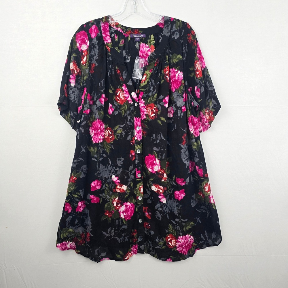 Roaman's Button Front V-neck Short Sleeve Floral Print Black Women Shirt 18W New